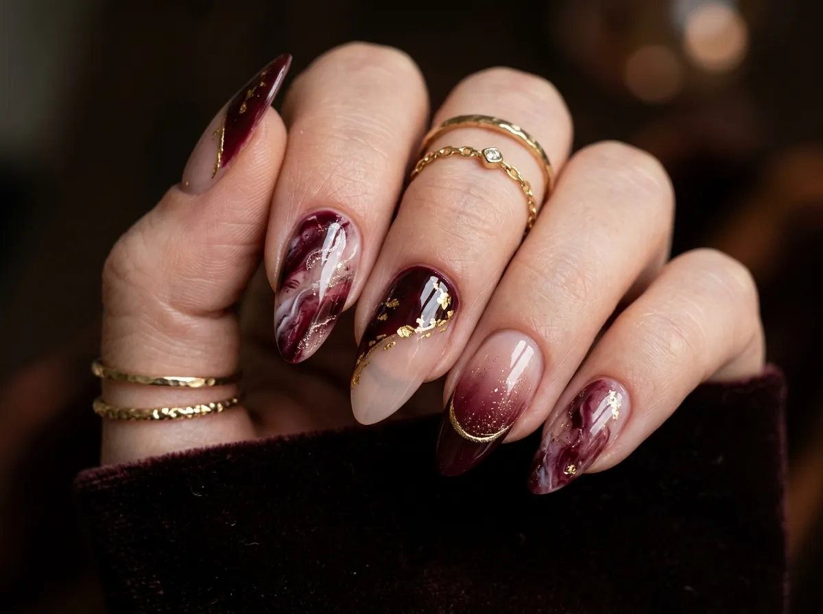 burgundy and nude nail art manicure