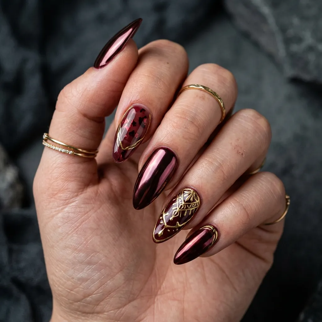feminine hand displaying chrome decorated nails