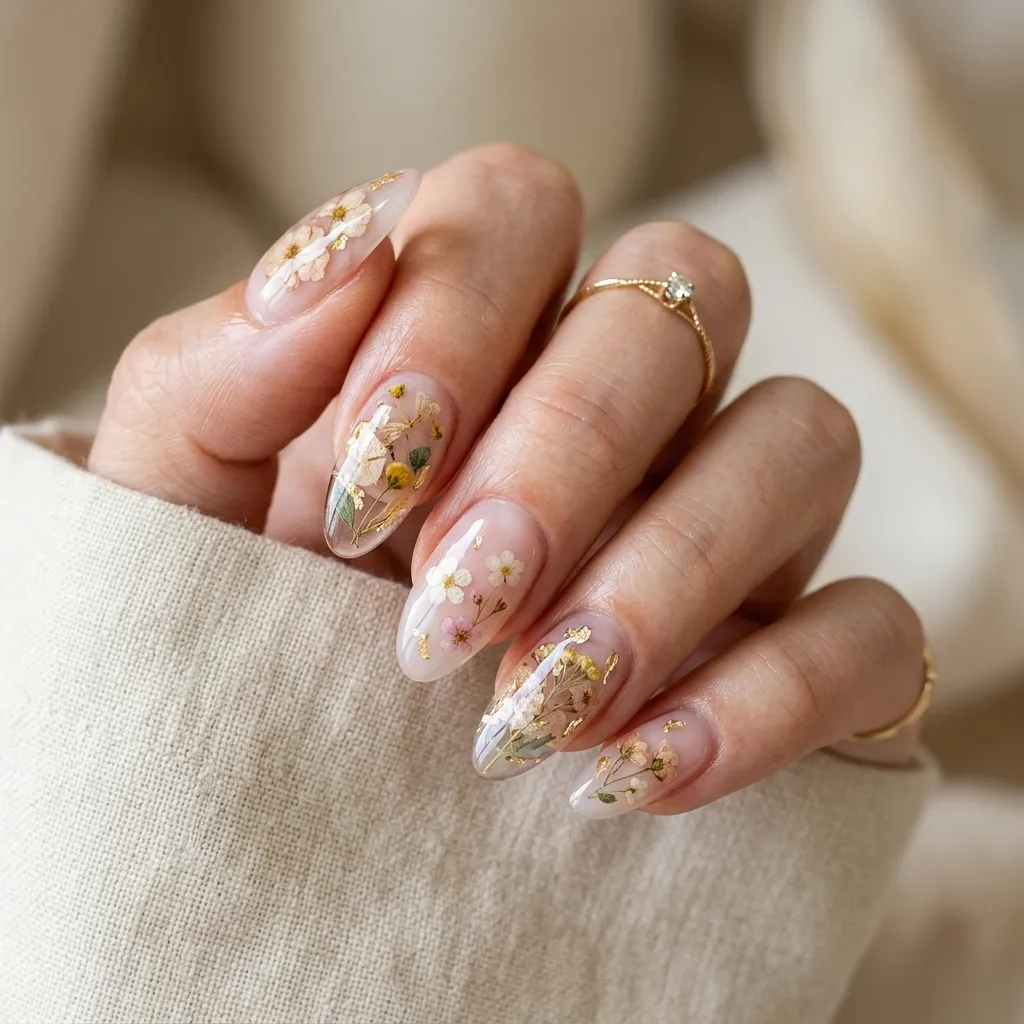 feminine hand wearing encapsulated floral nail art