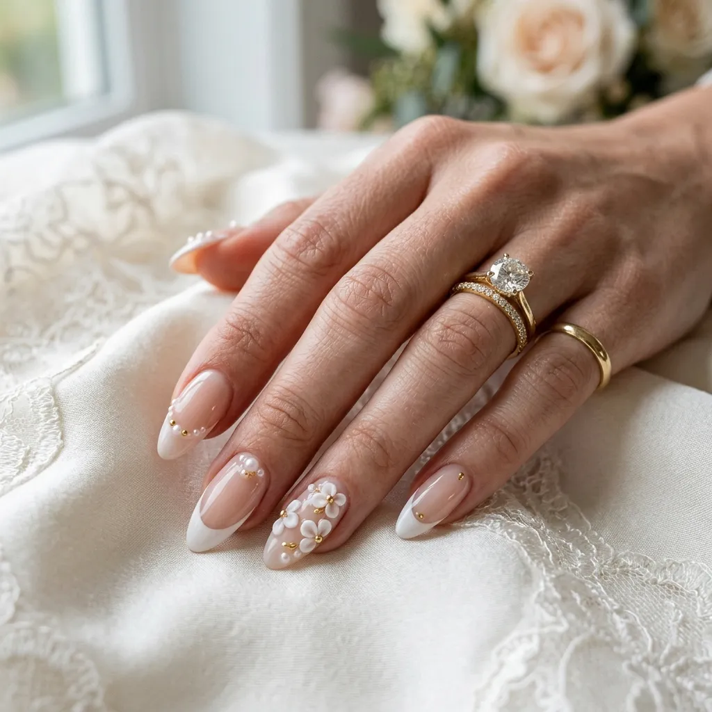 feminine hand wearing ornate rings and elegant bridal nails