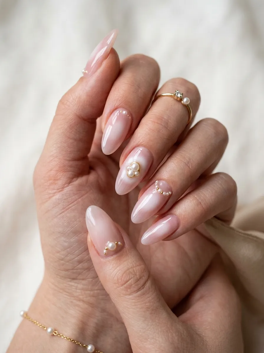 feminine hand with glazed pearl aura manicure