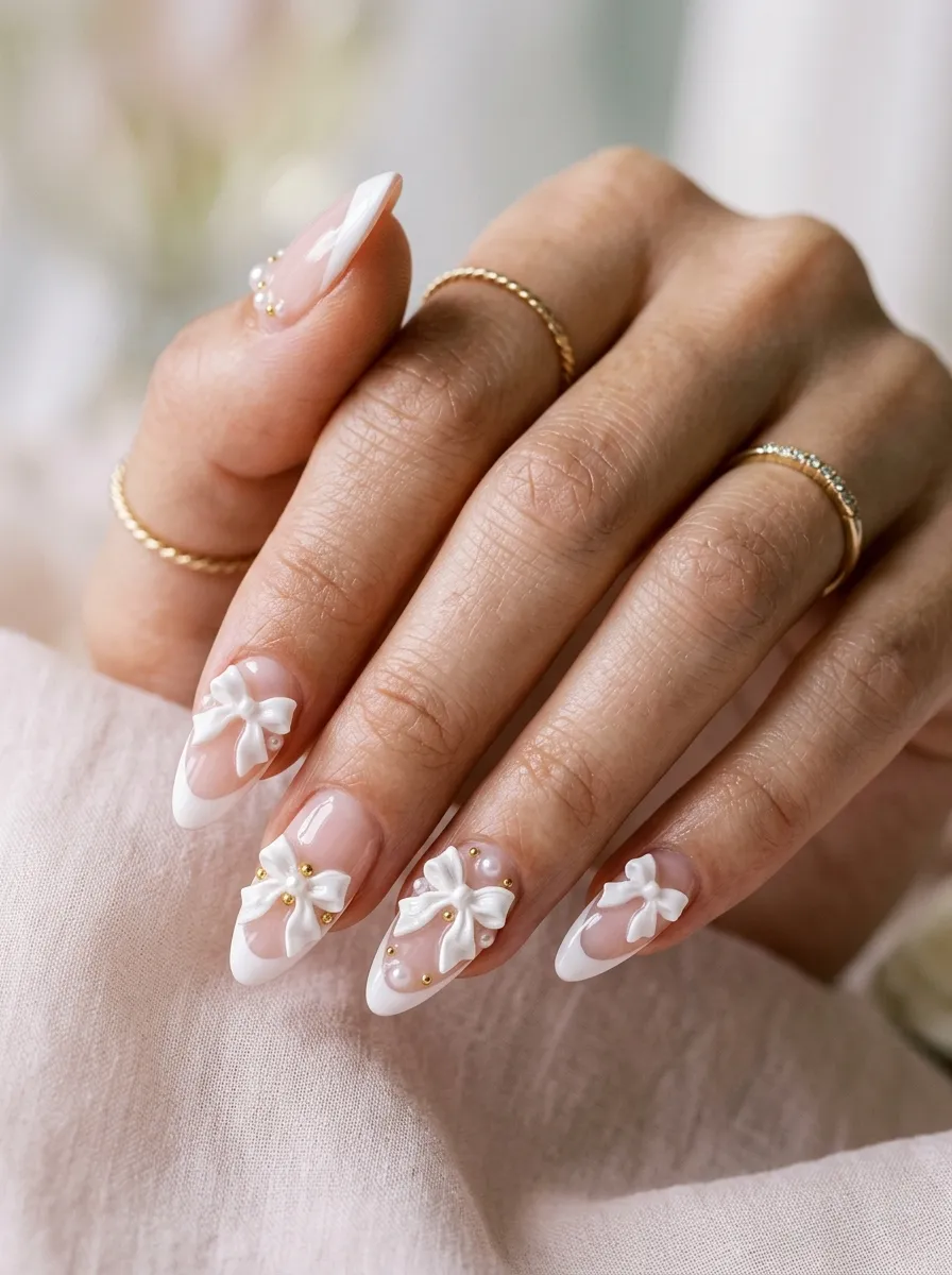 feminine hand with 3D coquette bow decorated nails
