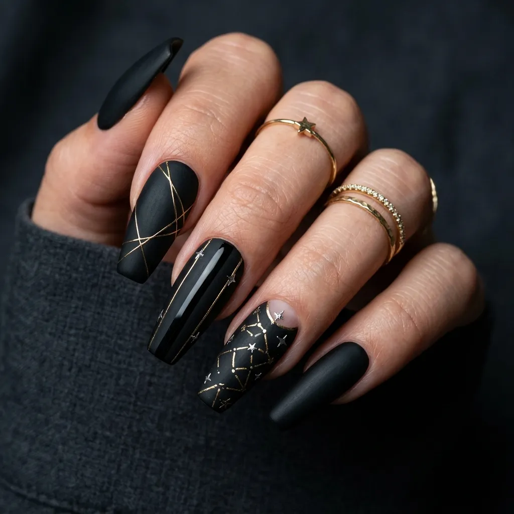 hand wearing matte black coffin manicure
