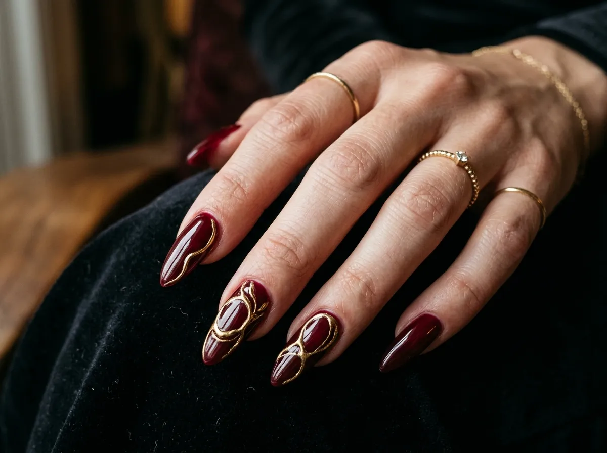 burgundy and gold almond nail art manicure