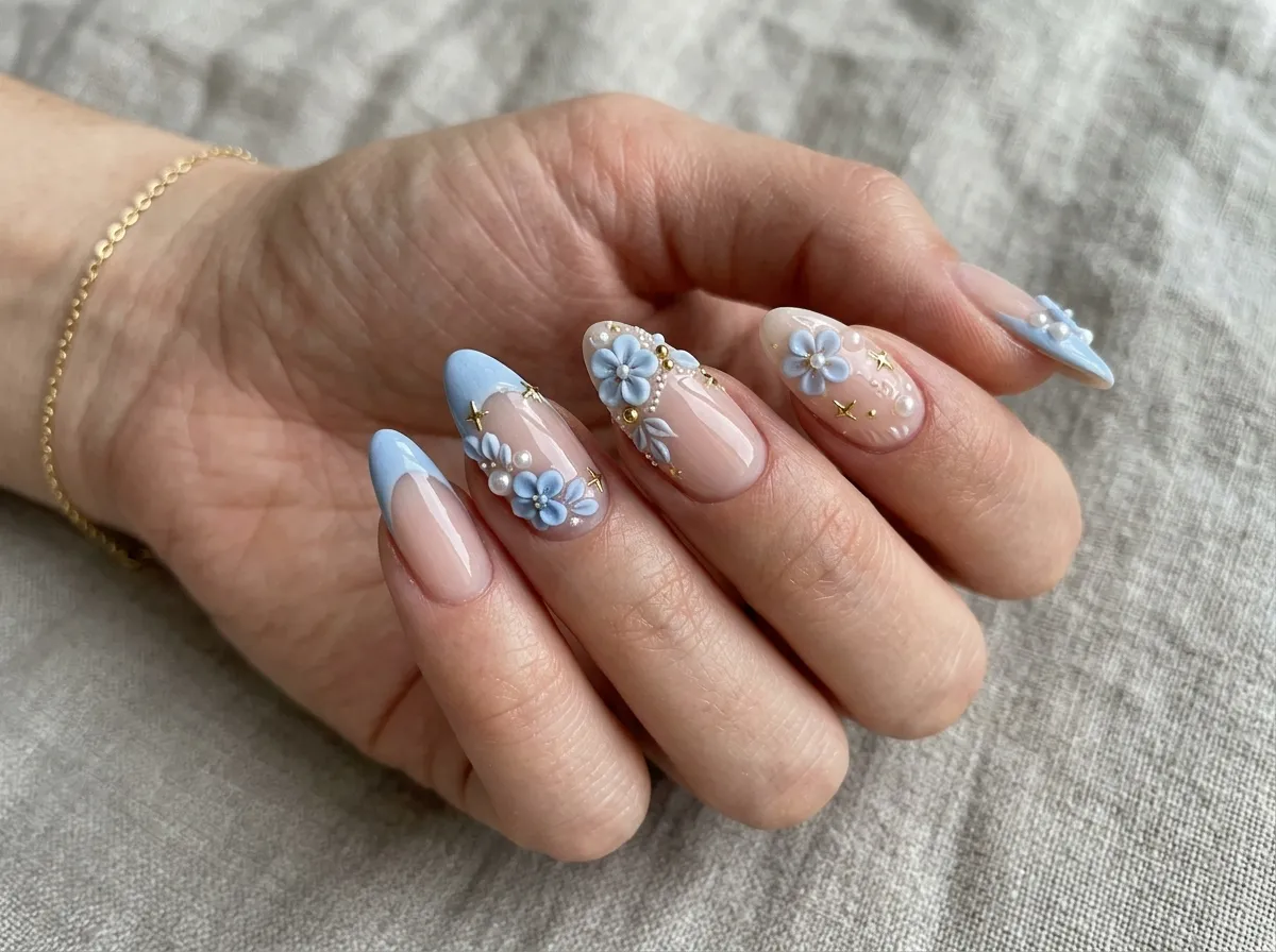 hand wearing decorated glass glaze manicure