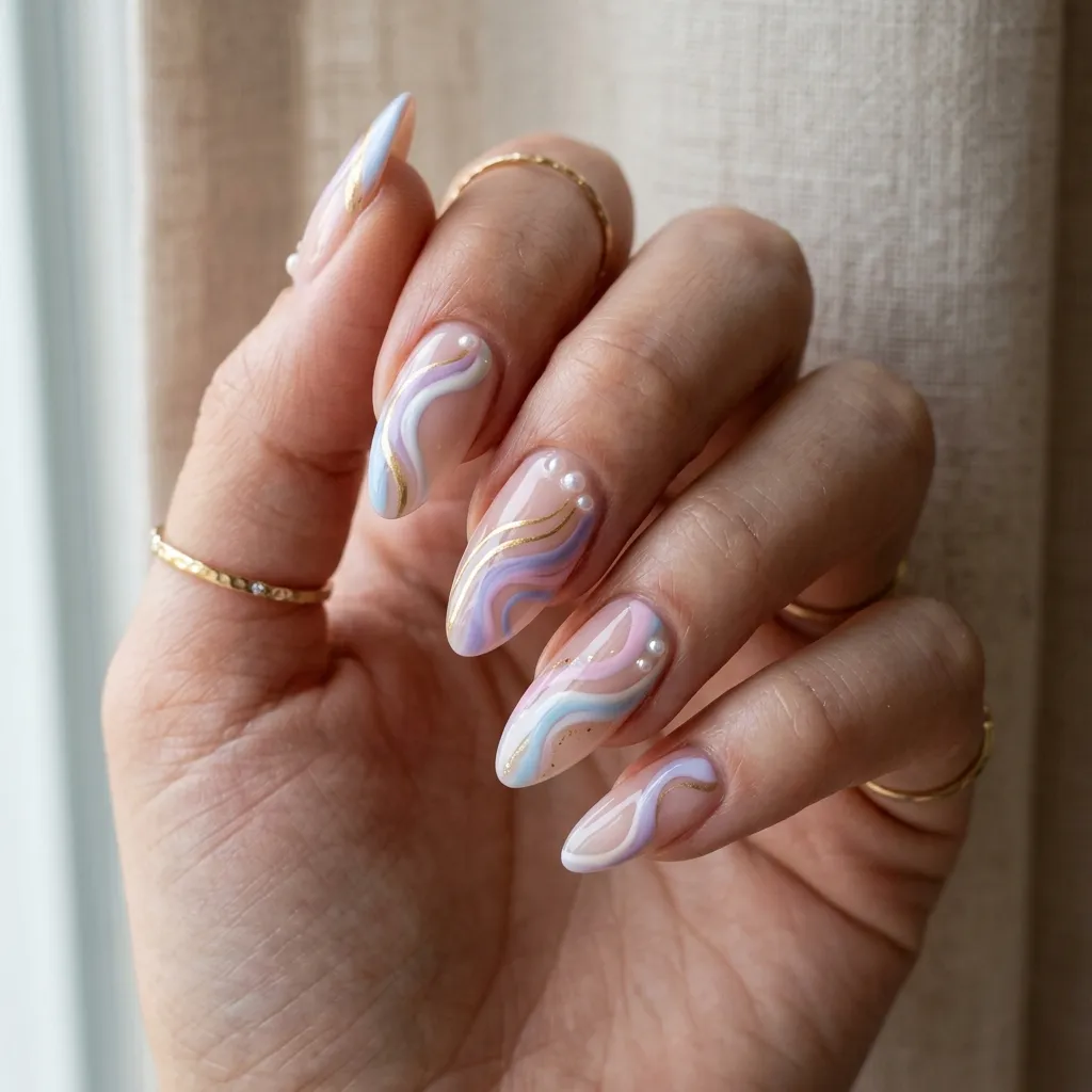 hand wearing pastel abstract wave nail art