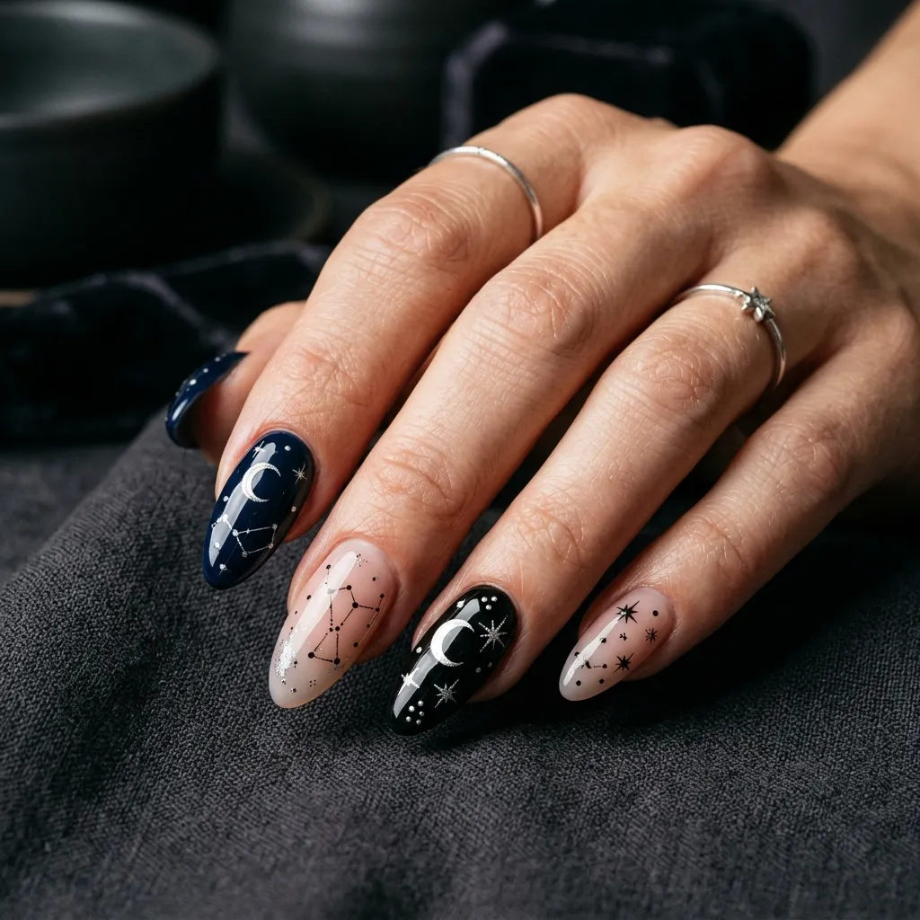 hand with celestial starburst manicure