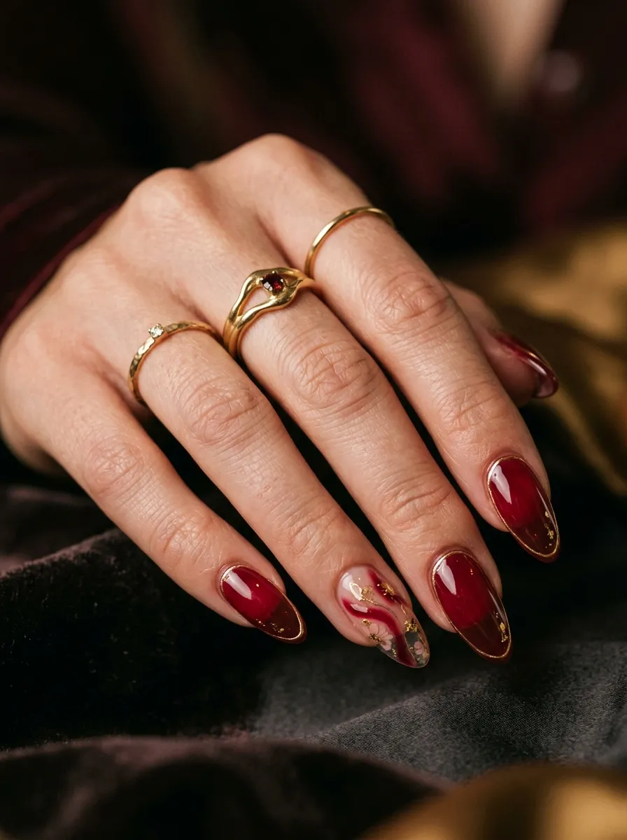 hand with deep cherry red jelly nail polish