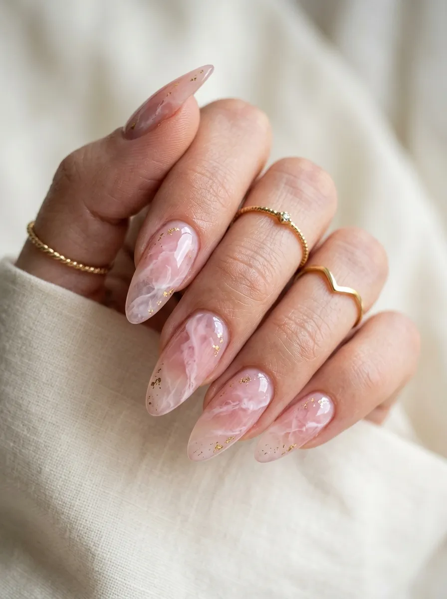 hand with rose quartz marble nail art