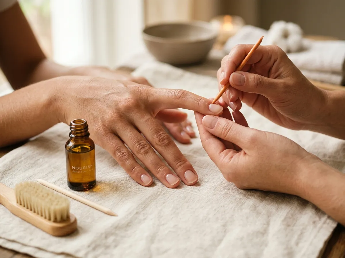 hands receiving cuticle care and nail routine