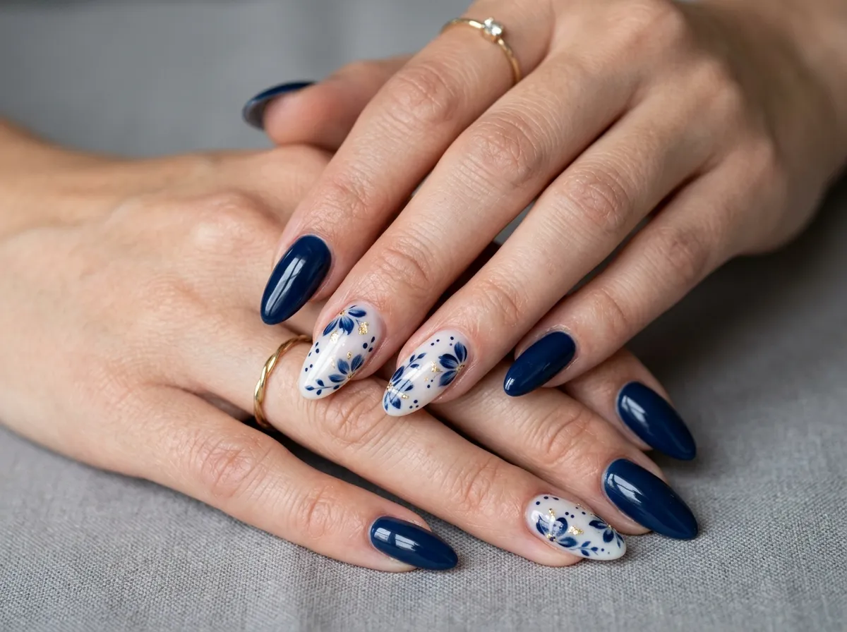 hands showcasing navy blue floral nail design