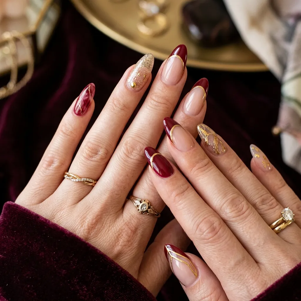 sculpted almond acrylic nails with cherry design
