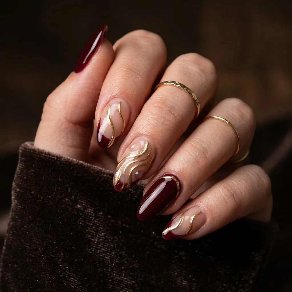 wine red gel manicure with gold accents