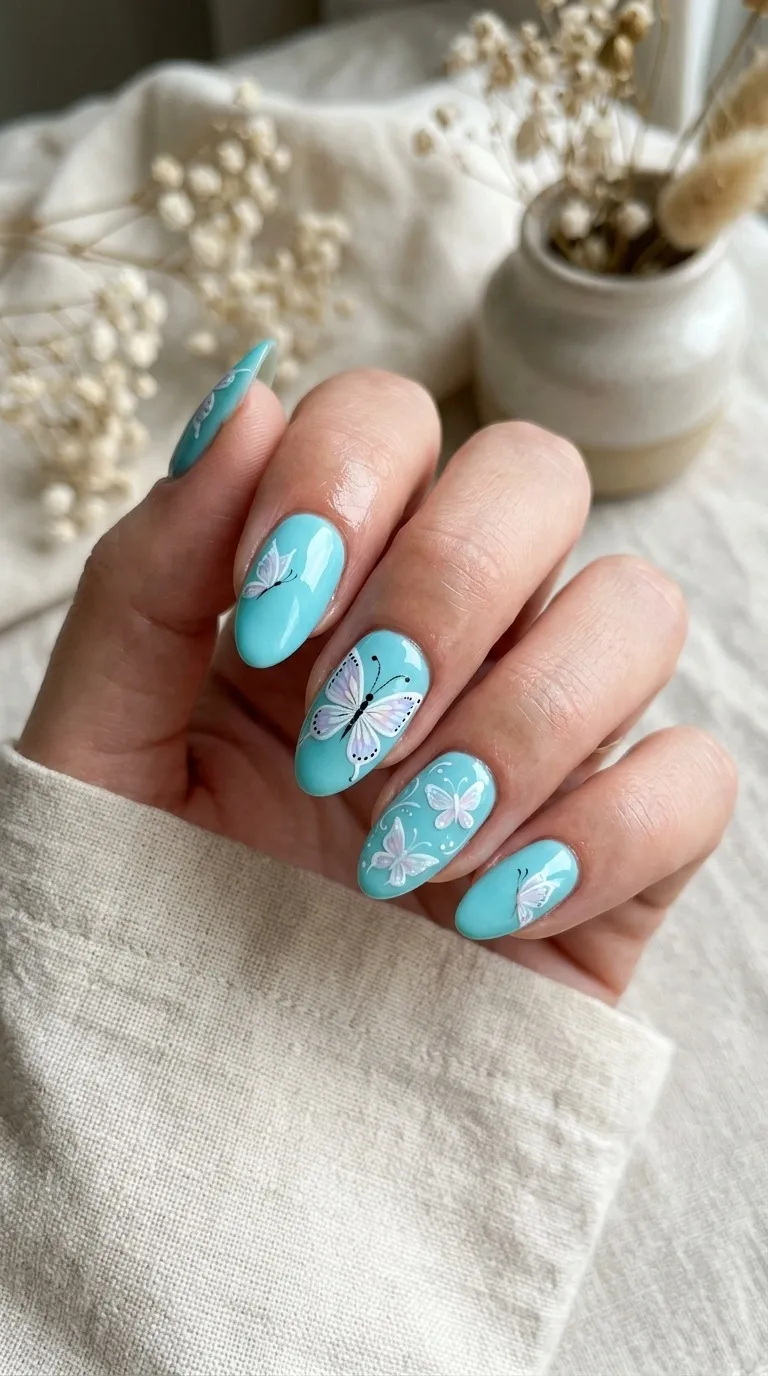 Aqua Butterfly Nails