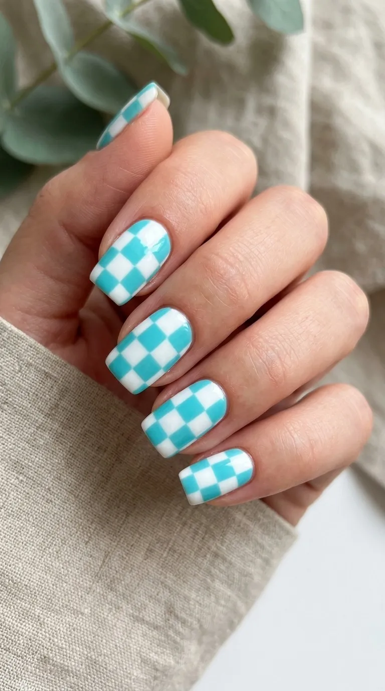 Aqua Checkerboard Nails