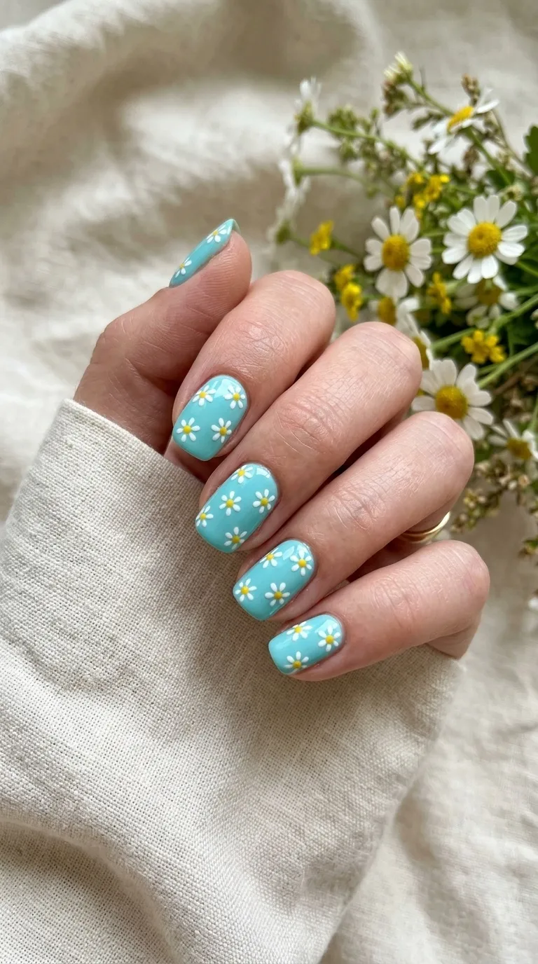 Aqua Daisy Nails