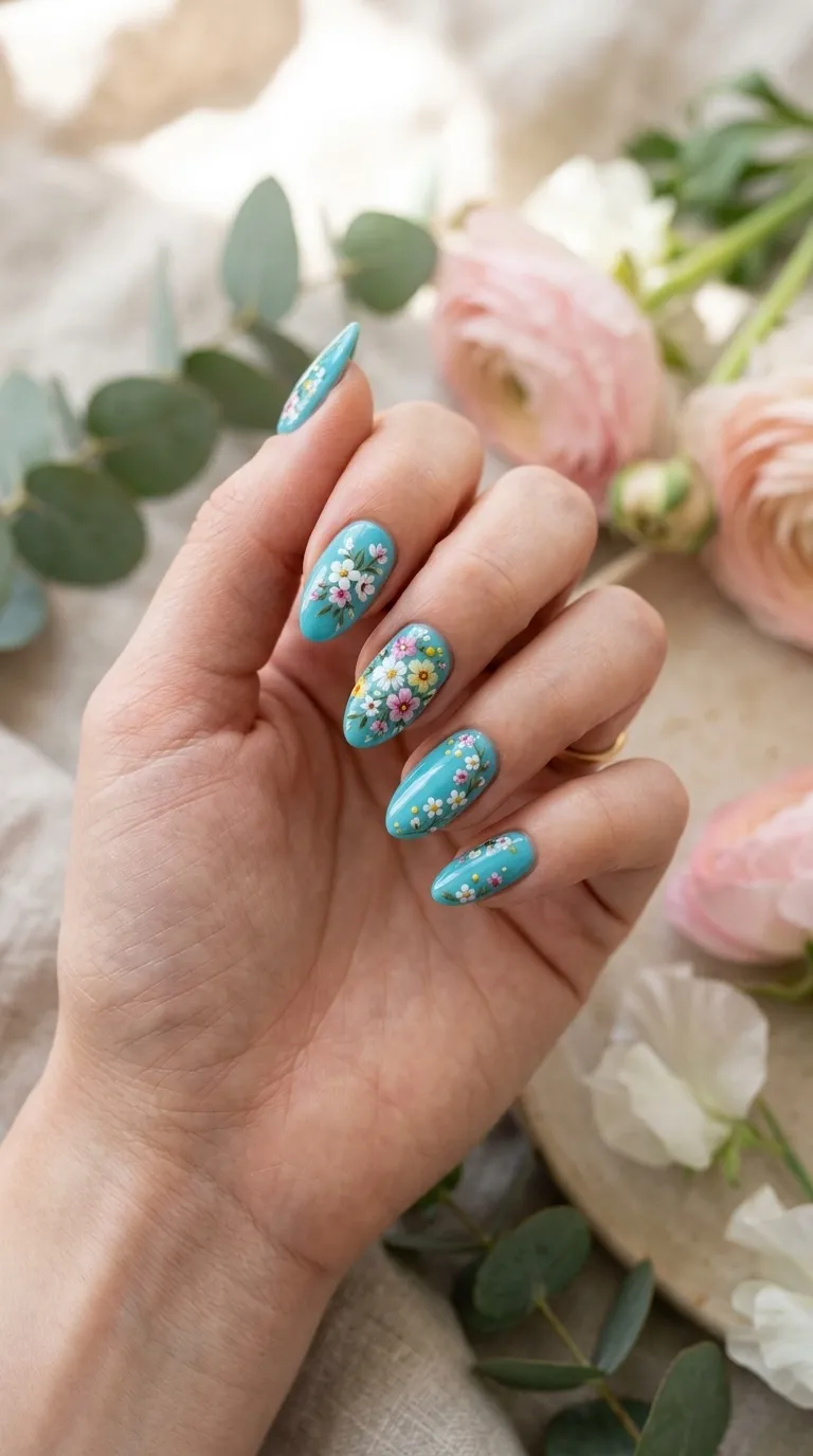 Aqua Floral Nails