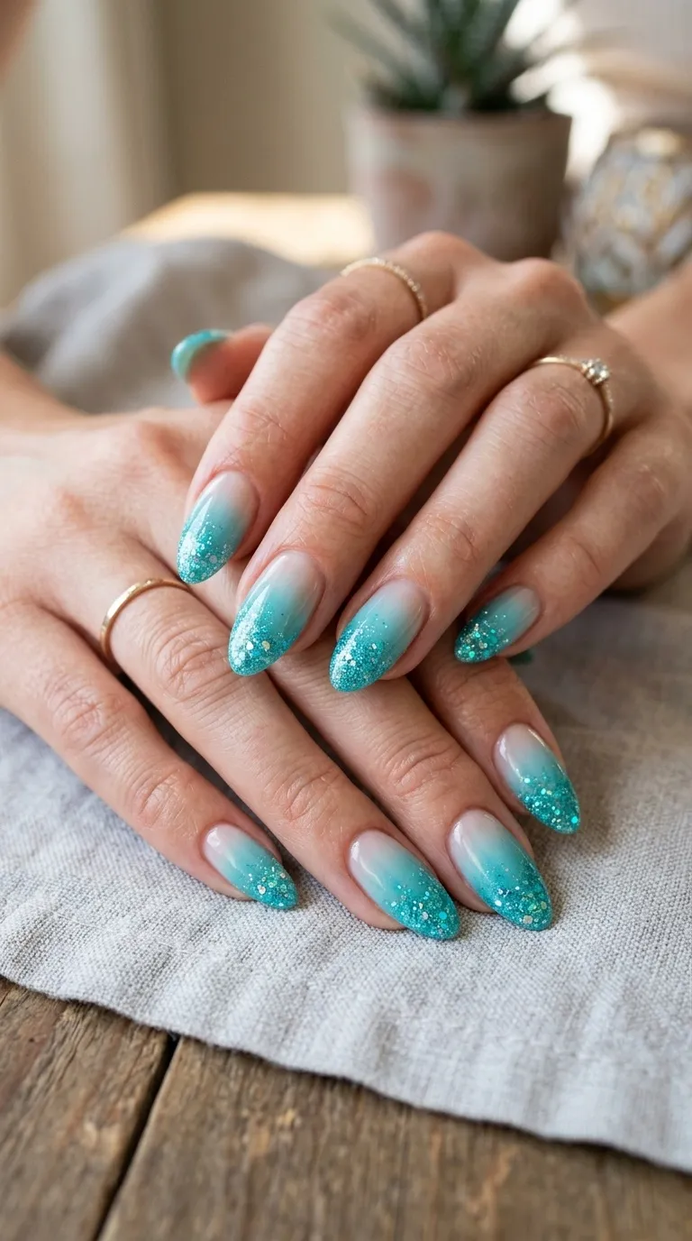 Aqua Glitter Ombre Nails
