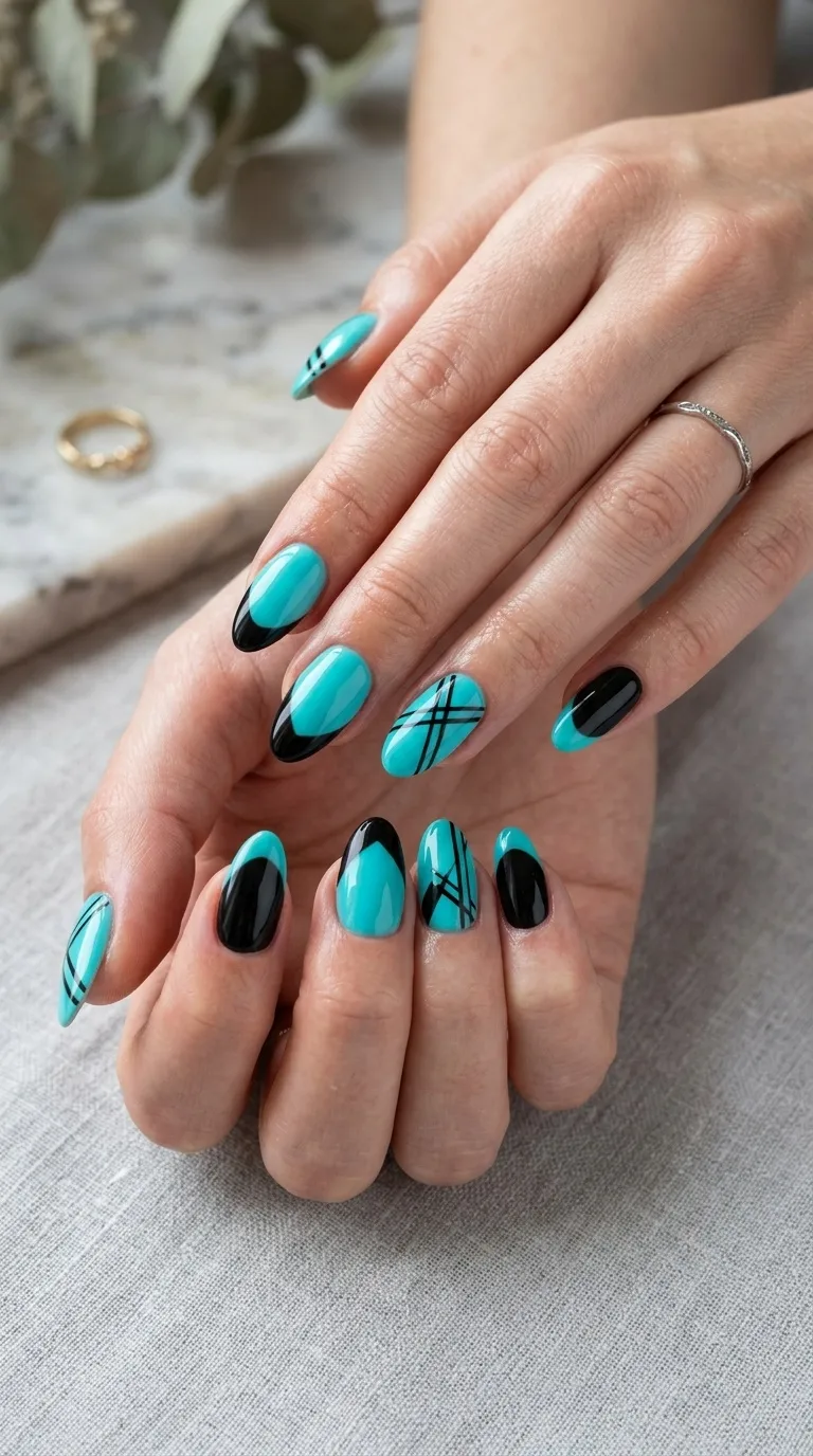 Aqua and Black Nails