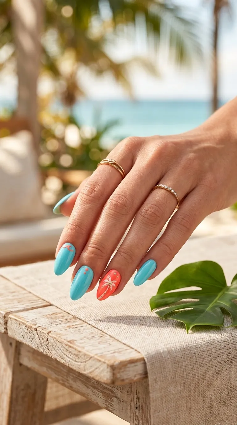 Aqua and Coral Nails