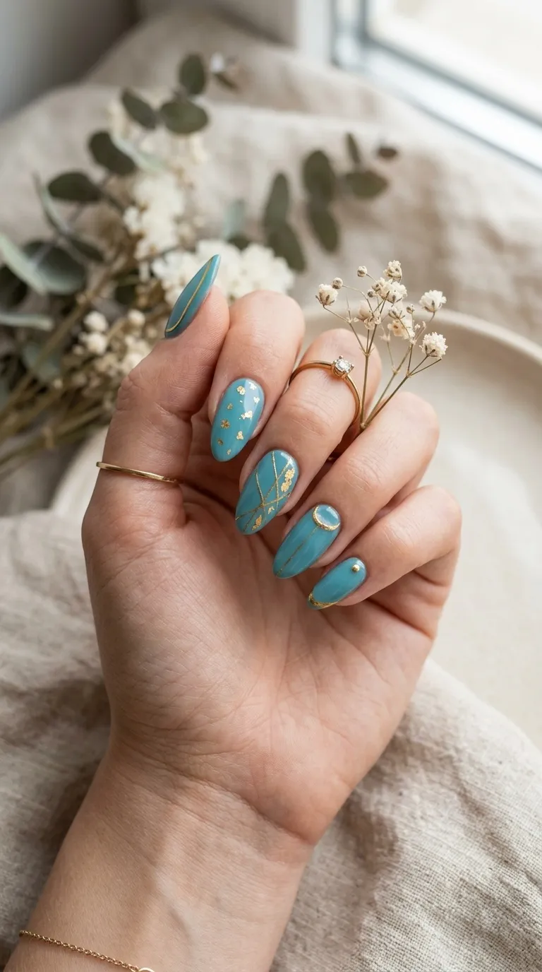 Aqua and Gold Nails