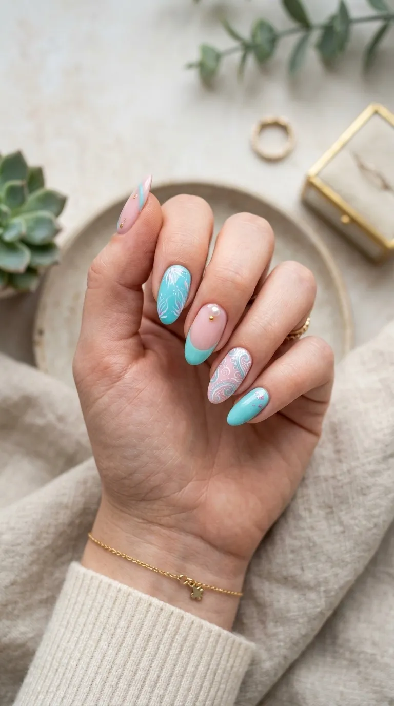Aqua and Pink Nails
