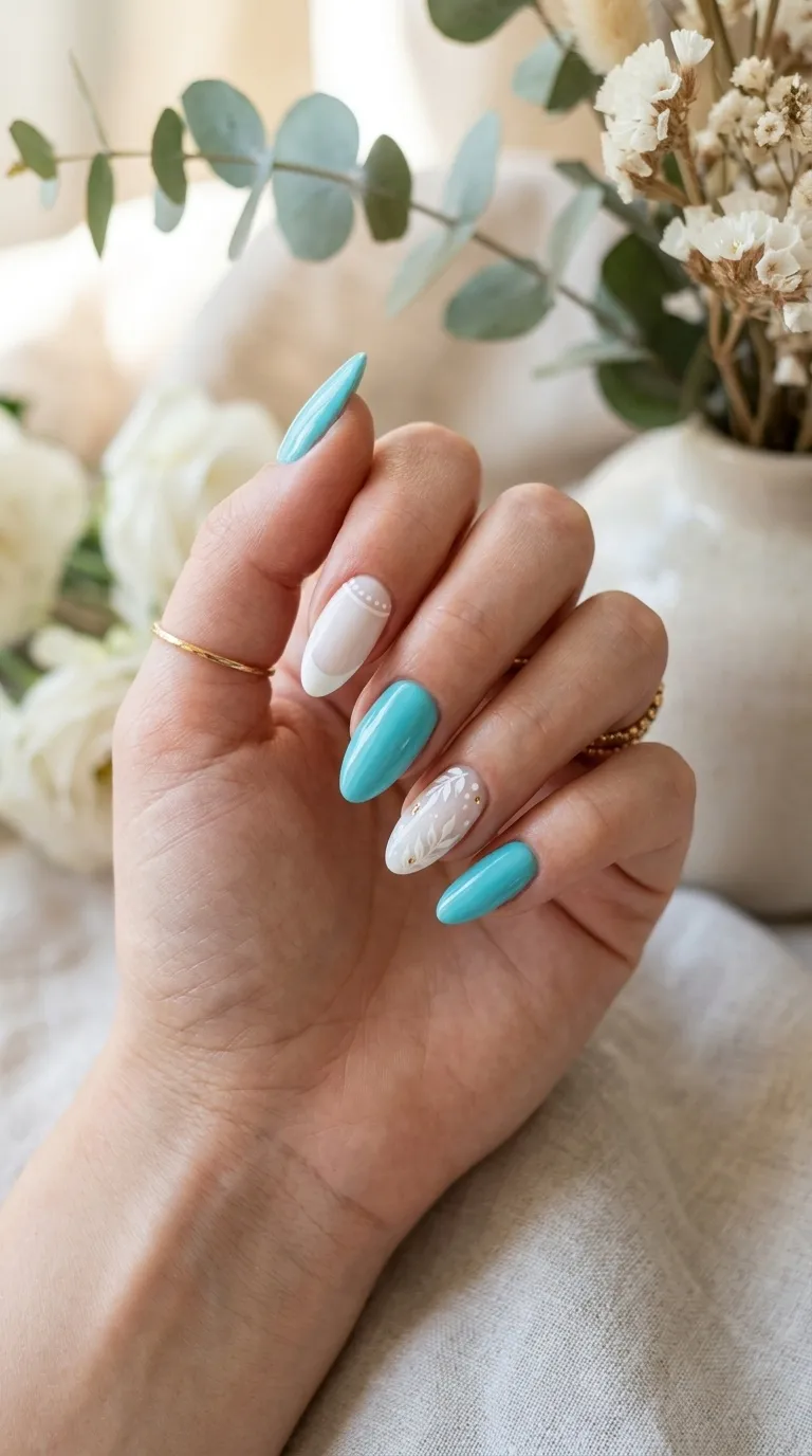Aqua and White Nails