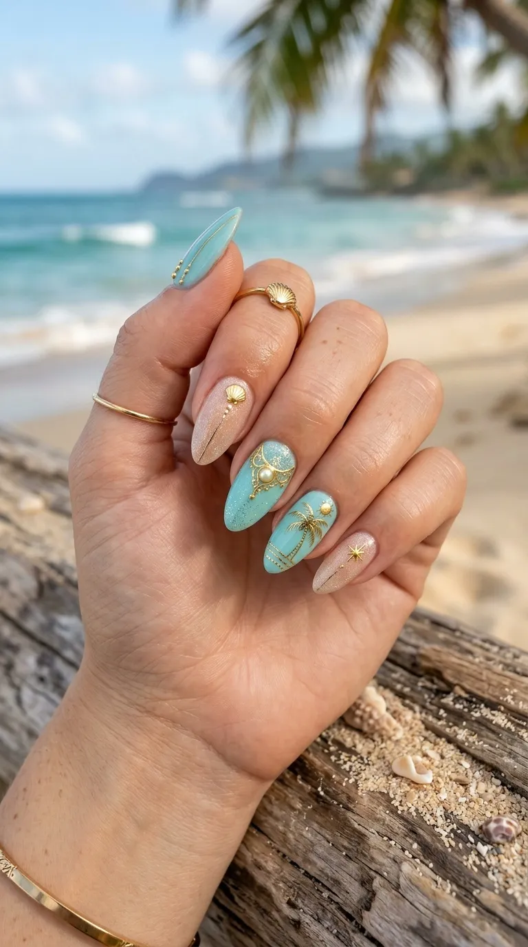 Beach Nail Art with Gold Accents