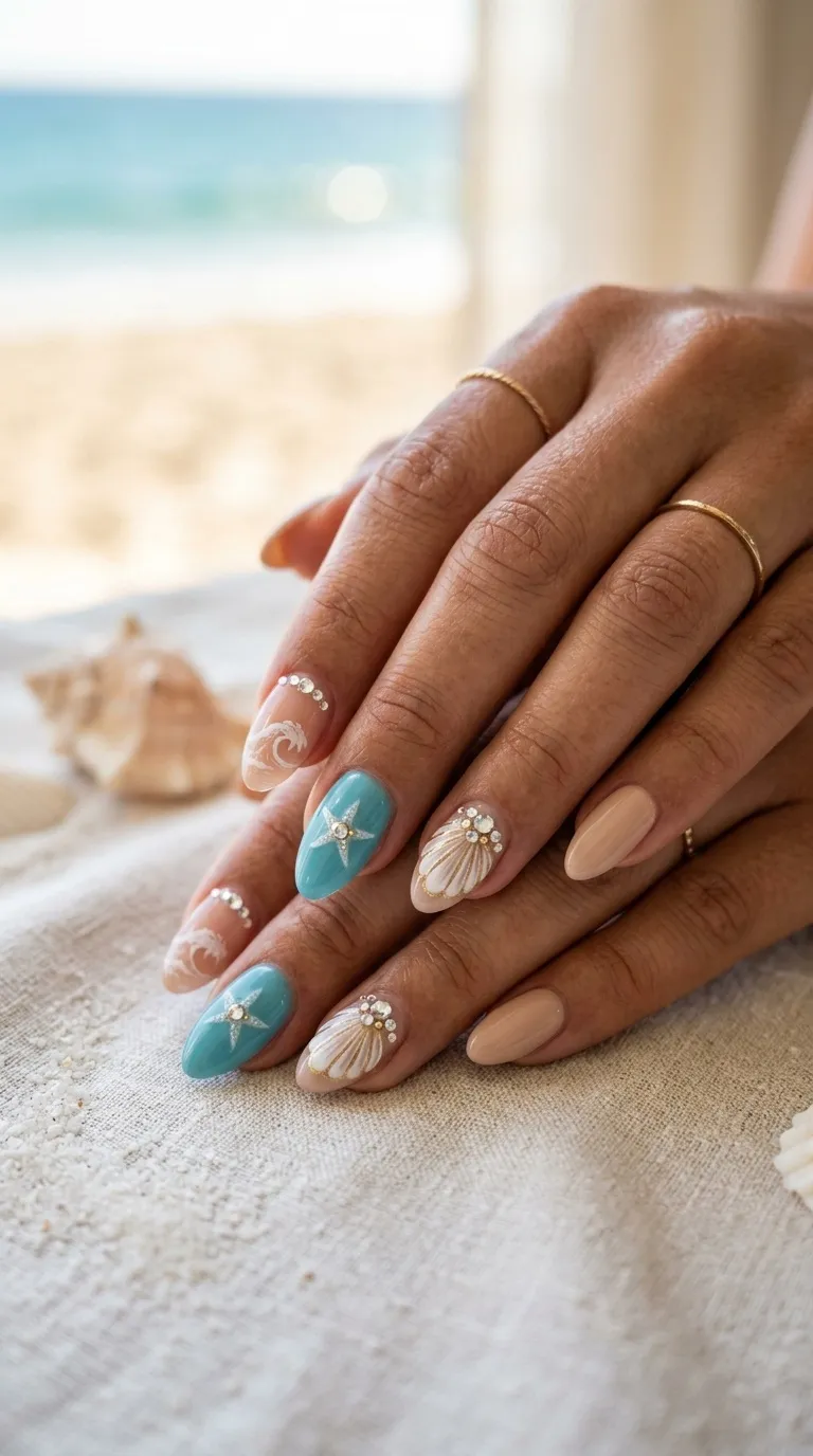 Beach Nails with Rhinestones