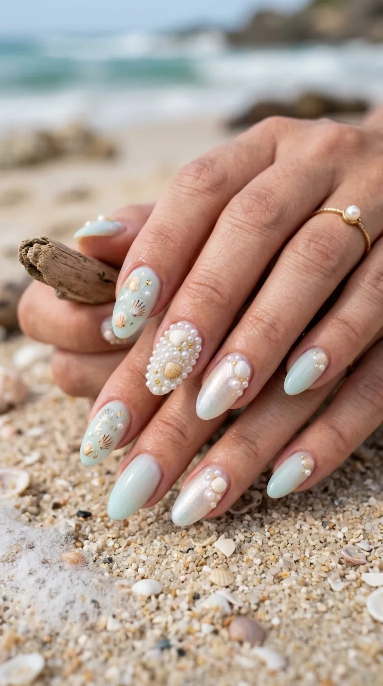 Beach Shell and Pearl Nails