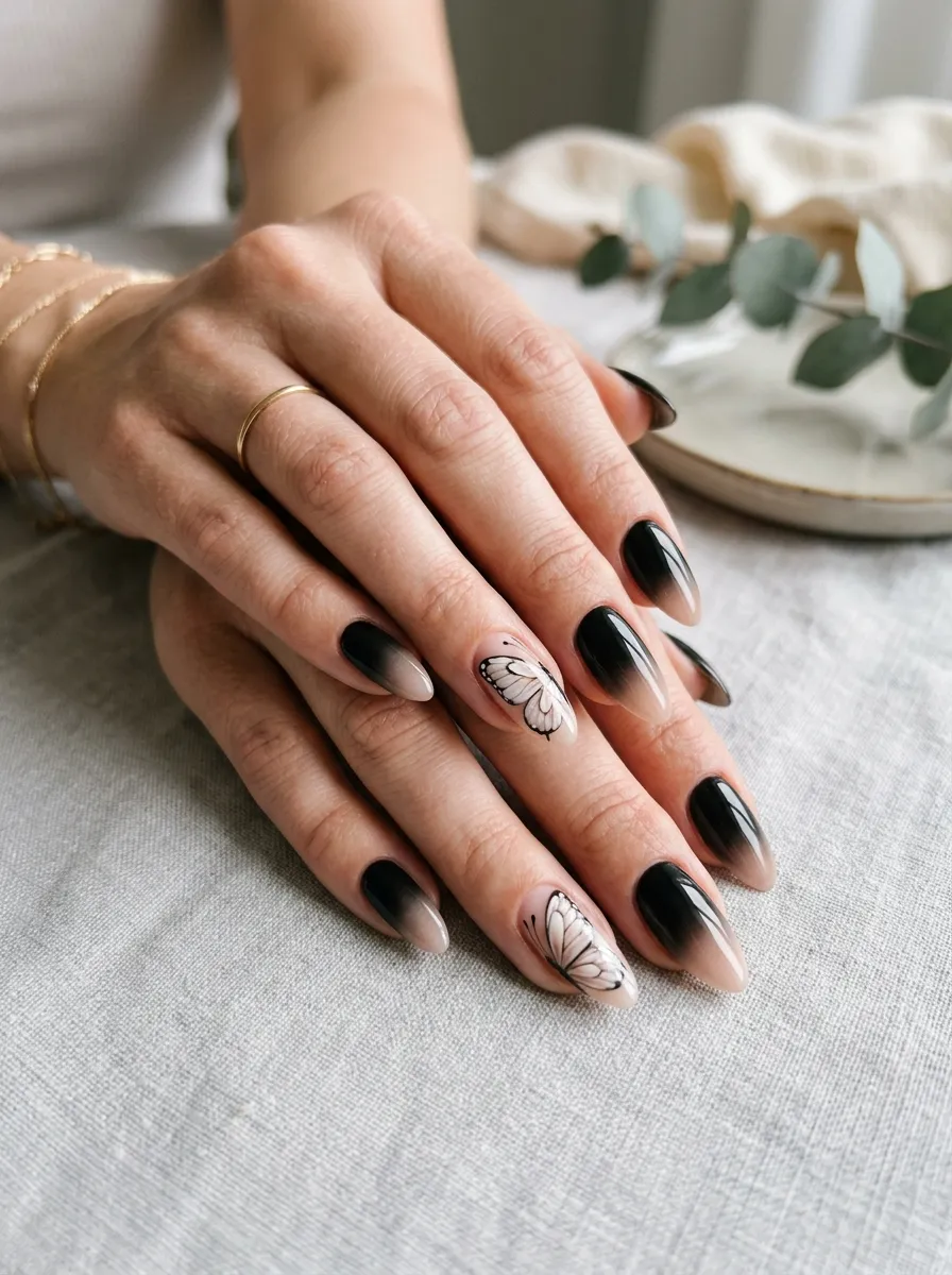 Black Ombre Butterfly Nails