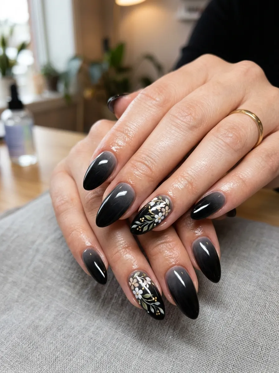 Black Ombre Floral Nails