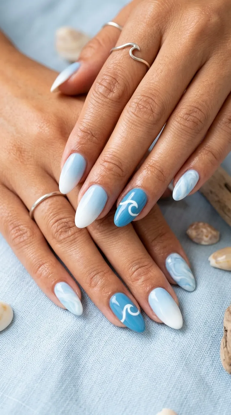 Blue and White Beach Nails
