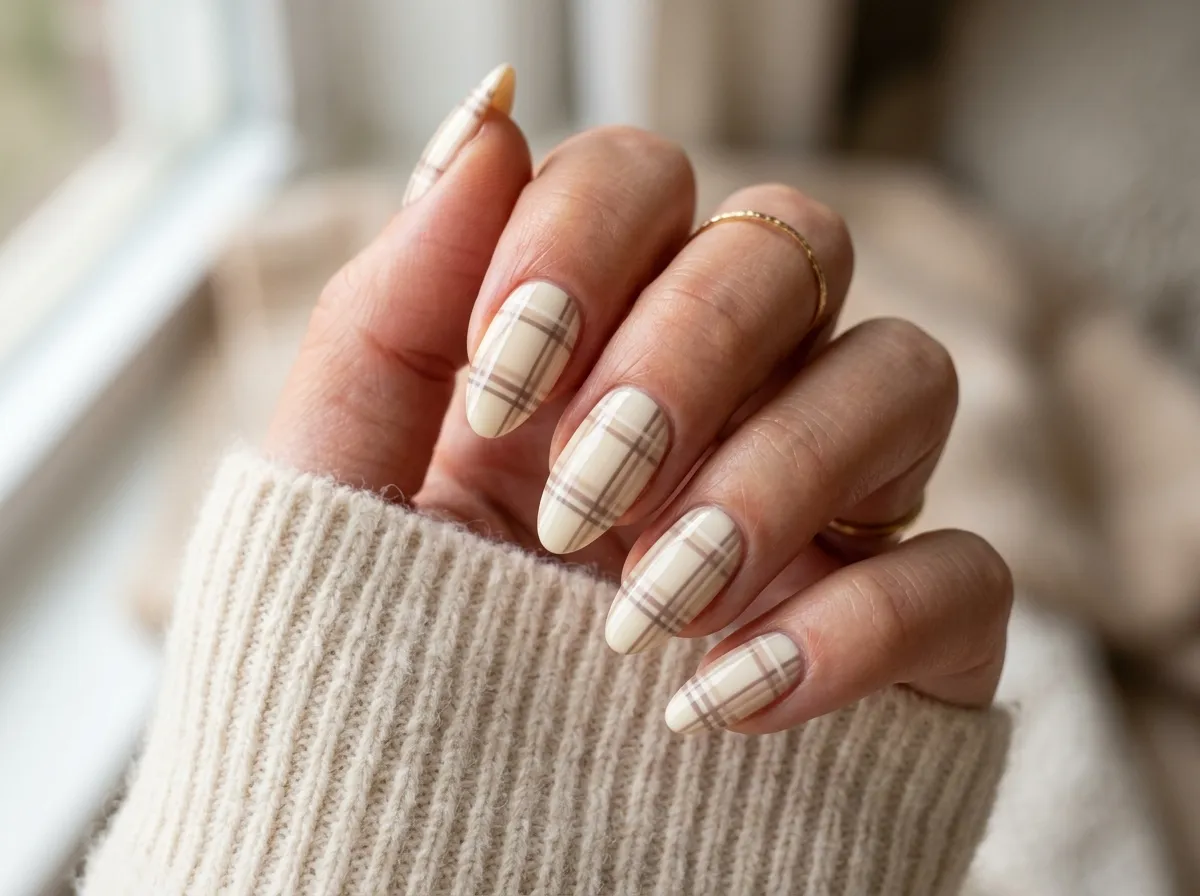 Cozy Beige Plaid Nails