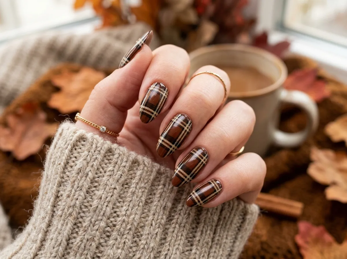 Cozy Brown Tartan Nails