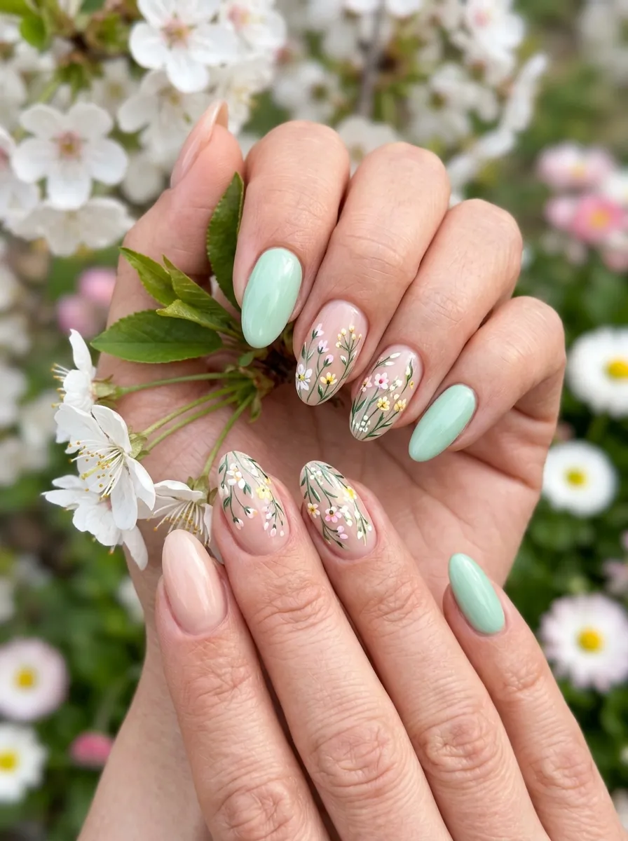 Green and Floral Spring Nails