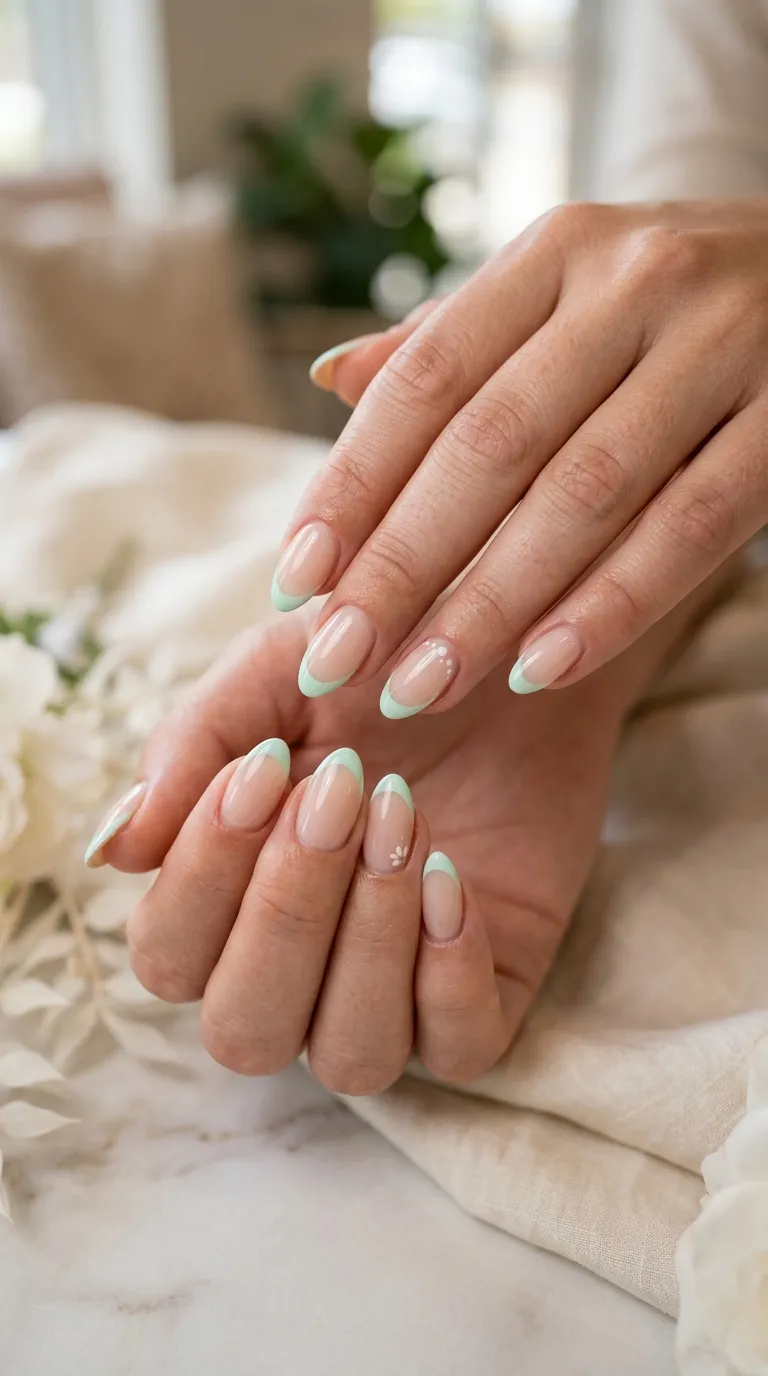 Mint and White French Nails